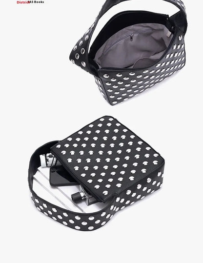 Compact Black Rivet Motorcycle Shoulder Bag