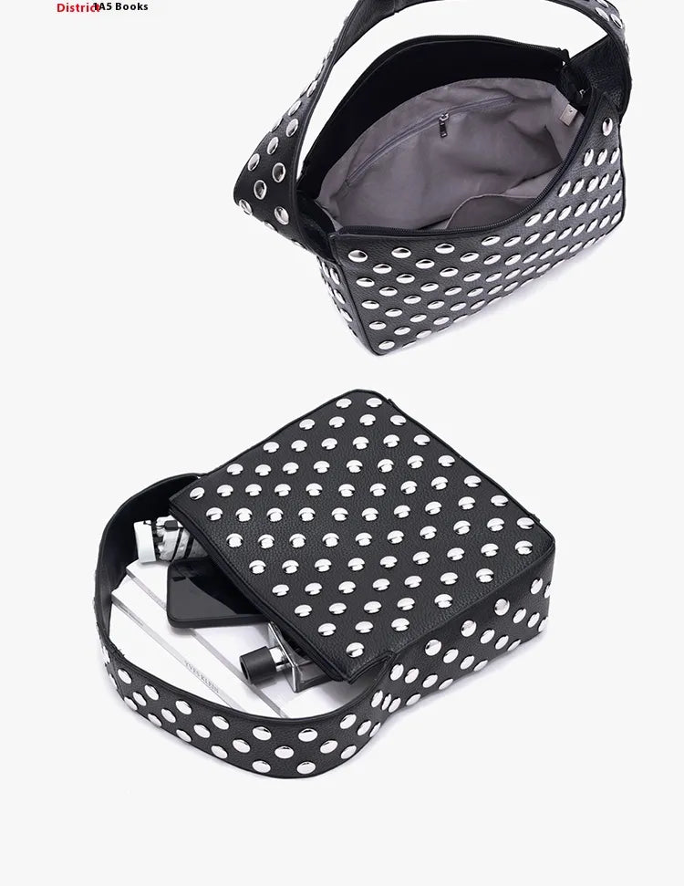 Compact Black Rivet Motorcycle Shoulder Bag