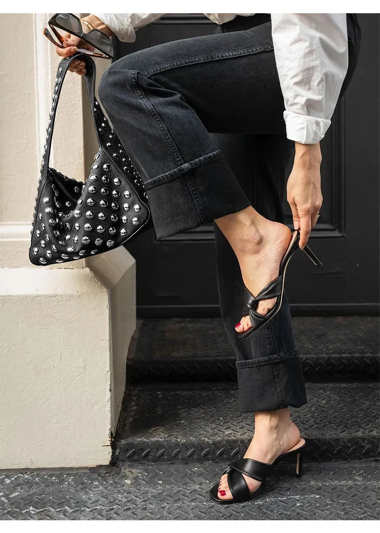Compact Black Rivet Motorcycle Shoulder Bag